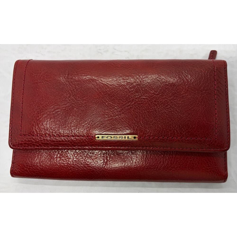 Fossil Women’s Leather Trifold Red Wallet Card Checkbook ID Zipper